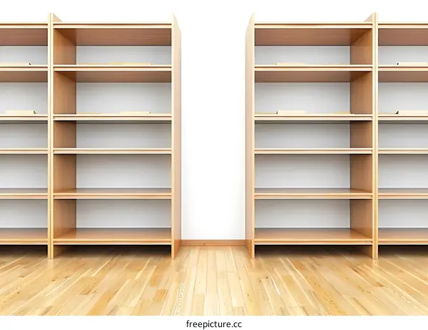 Empty Wooden Bookshelves In A Room With Wood Floor