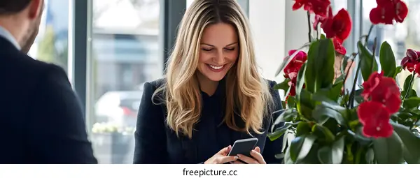 Smiling Woman Using Her Phone In A Modern Office