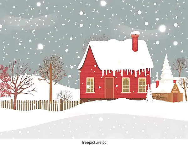 Snowy Winter Landscape with Red Brick House