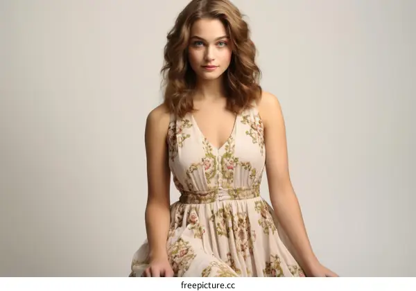 Portrait of a young woman with long brown hair wearing a floral dress