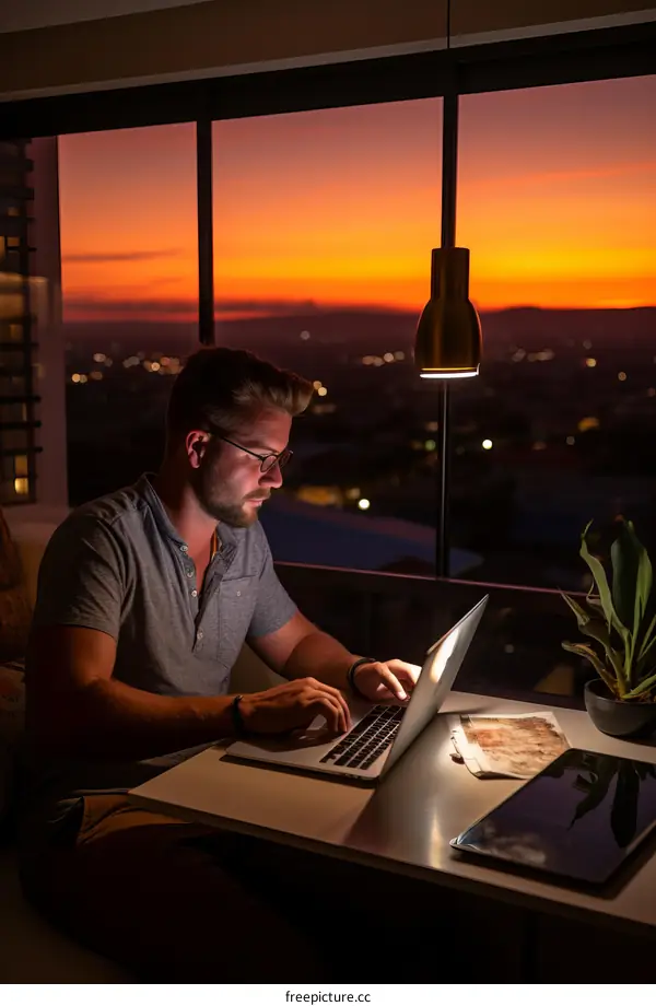 Man working on laptop at sunset