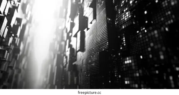 Black and white 3D rendering of a city with skyscrapers made of cubes.