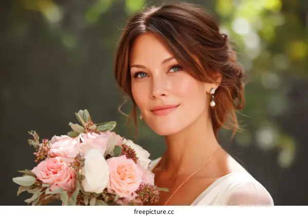 Beautiful Caucasian Woman Wedding Bouquet Portrait