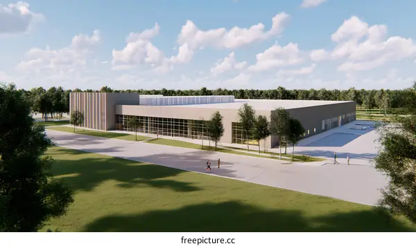 Modern Building Exterior Design with Green Grass and Trees