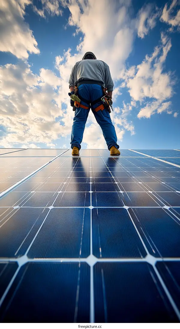 Solar Panel Installation Worker Under a Cloudy Sky