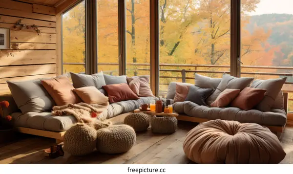 A cozy living room with a large sectional sofa and a view of the fall foliage