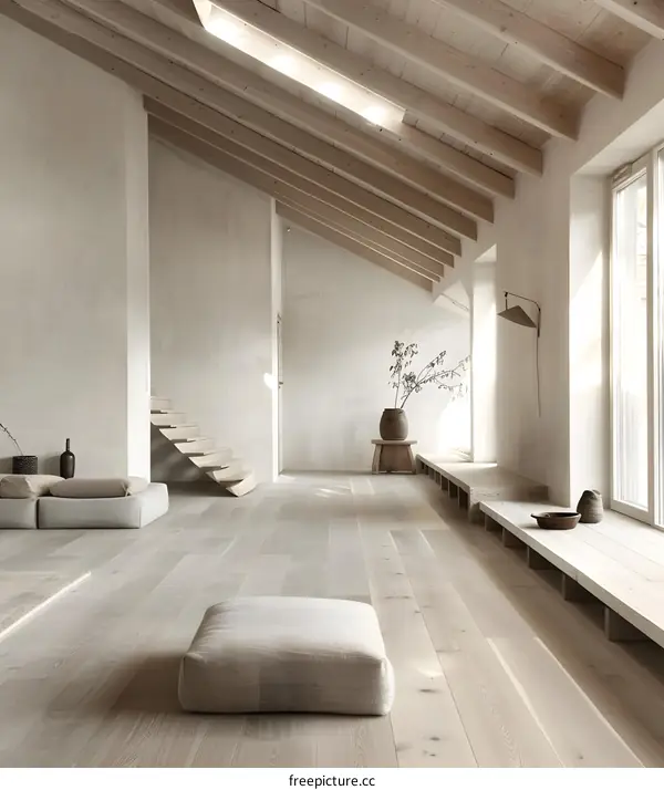 Minimalist Living Room with Wooden Beams and Light Wood Flooring