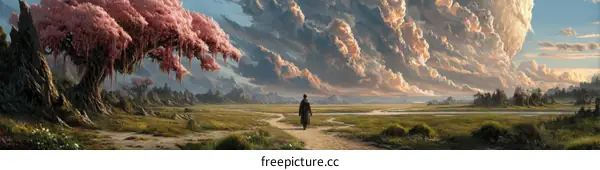 Vast Landscape with Pink Blossoms and a Solitary Figure