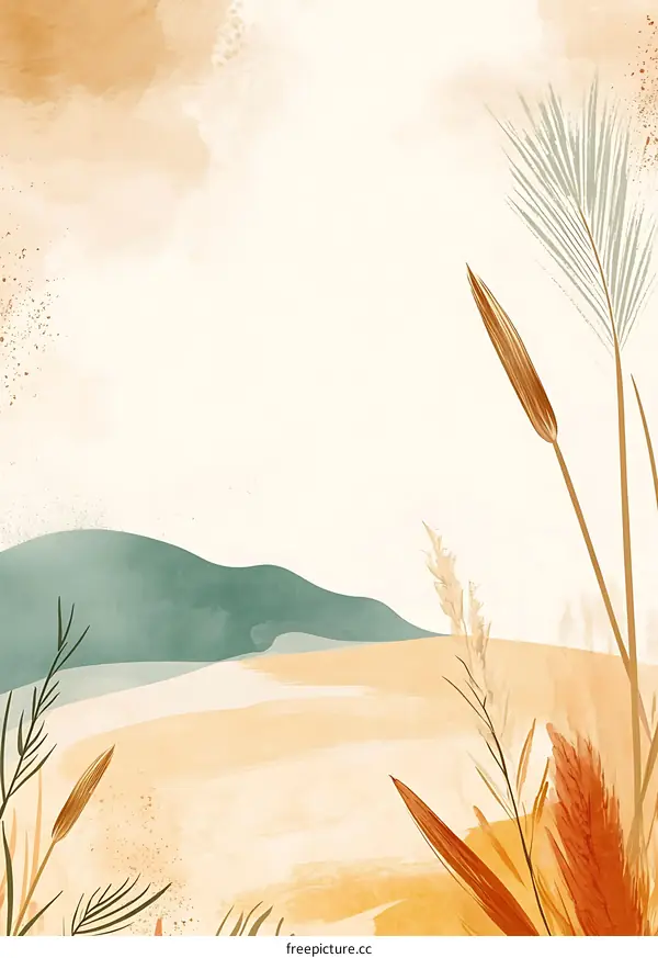 Abstract Watercolor Landscape with Minimalist Grass