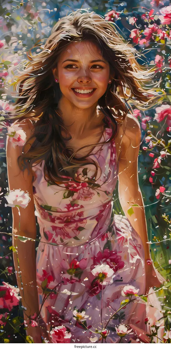 An oil painting of a smiling woman in a field of flowers