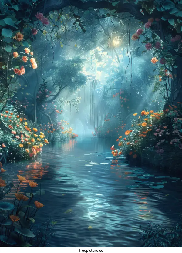 Enchanted Forest with Glowing River and Colorful Flowers