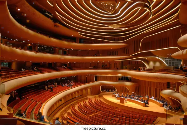 Modern Building with Curved Wooden Walls and Large Stage