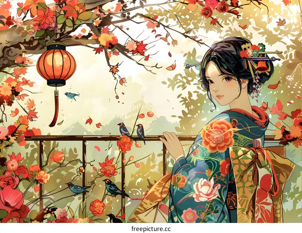 A Japanese woman wearing a kimono stands on a balcony surrounded by a beautiful garden