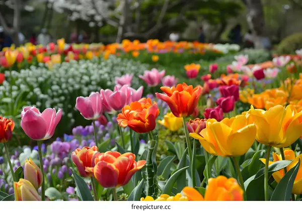 Colorful Tulips Blooming in a Garden