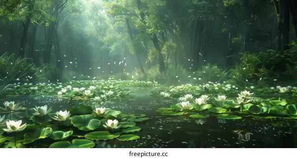 Enchanted Forest Pond with White Water Lilies