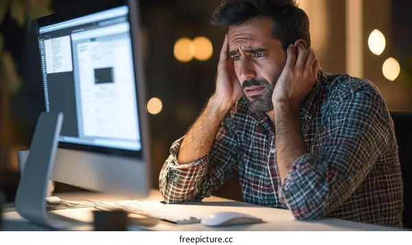 Frustrated Man Working Late at Night