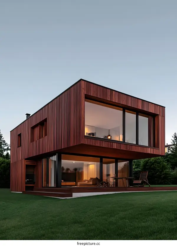 Modern Wooden House with Large Windows and Green Grass