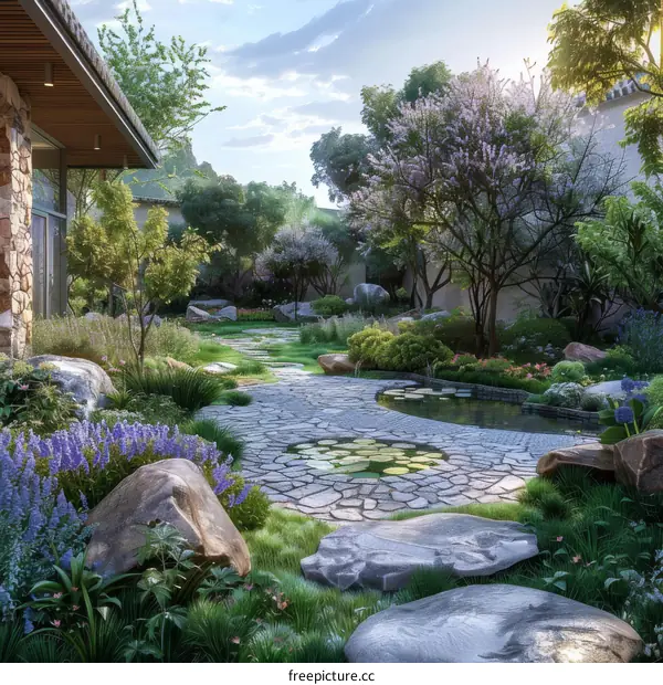 Tranquil Chinese Garden Courtyard with Lotus Pond