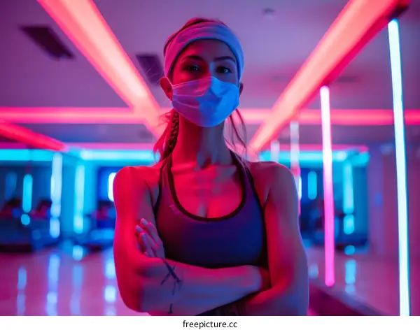 A young woman wearing a mask and a headband in a neon-lit gym