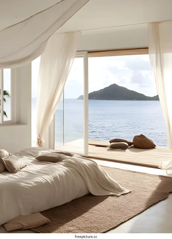 Modern Bedroom with Ocean View and White Curtains