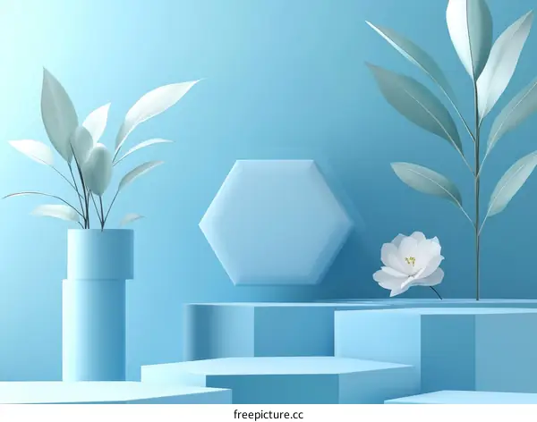 Pastel Blue Geometric Display Background with Plants
