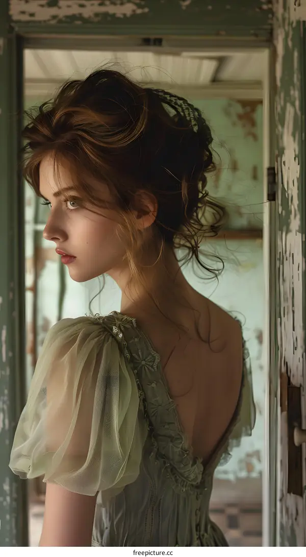 Portrait of a young woman in a green dress