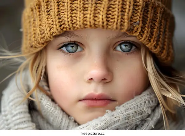 portrait of a cute blonde girl in a brown knitted hat and a white scarf