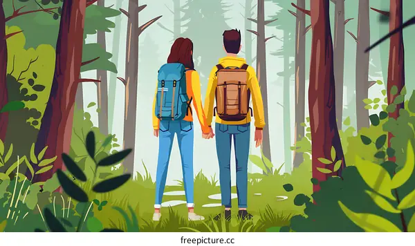 Couple Walking in Forest with Backpacks
