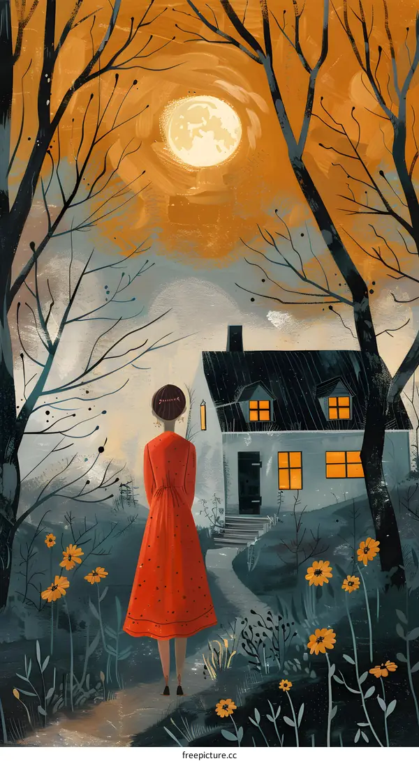 girl in red dress looking at moonlit house