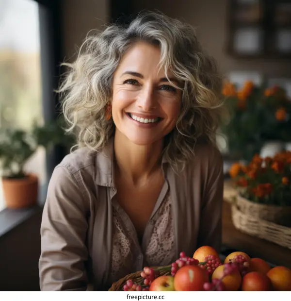 Portrait of a smiling woman with curly hair and a basket of fruit