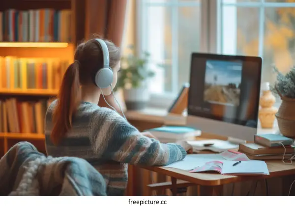Young girl studying online with headphones on in library