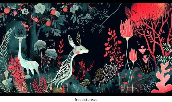Enchanted Forest Illustration With Deer and Flowers