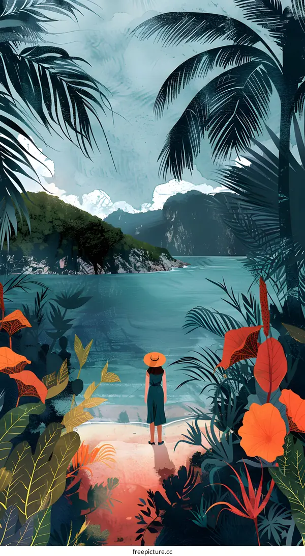 Lady on tropical beach with jungle plants