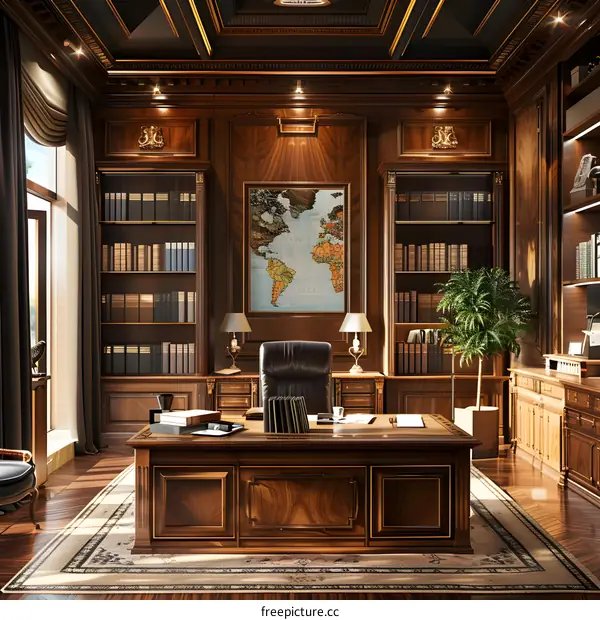 Luxury home office library with wood paneling and leather furniture