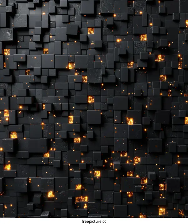 Black Abstract 3D Cubes with Glowing Yellow Cracks