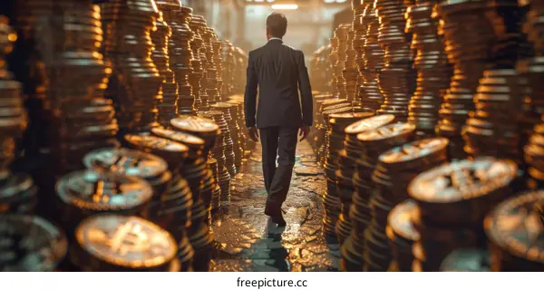 Man in Suit Walking Through a Wall of Gold Coins