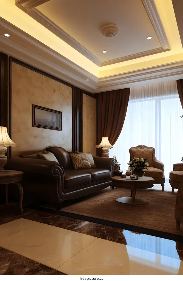 Modern Living Room Interior Design with Elegant Brown Leather Sofa