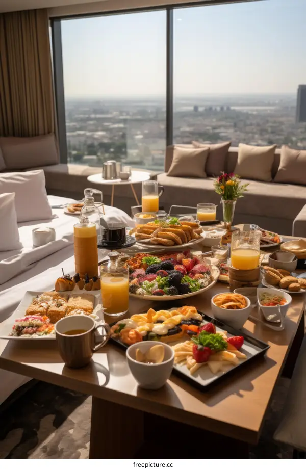 A delicious breakfast buffet with a view of the city