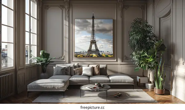 Paris cityscape with Eiffel Tower view from living room