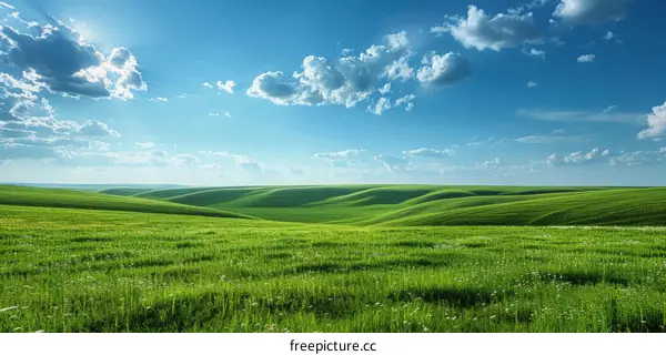 Rolling Green Hills under a Blue Sky with White Clouds