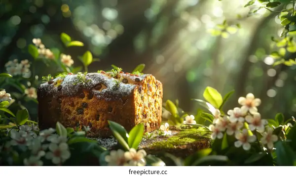 Close-up of a delicious cake in the woods