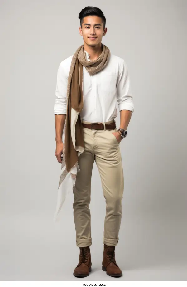 Asian man wearing white shirt, brown scarf, and khaki pants