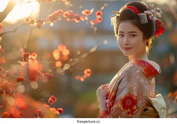 Portrait of a beautiful Japanese woman in traditional kimono