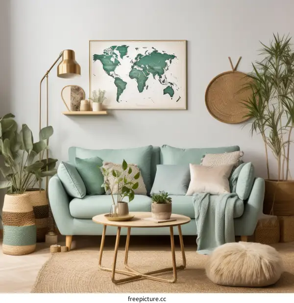 A Stylish Living Room With a Map of the World