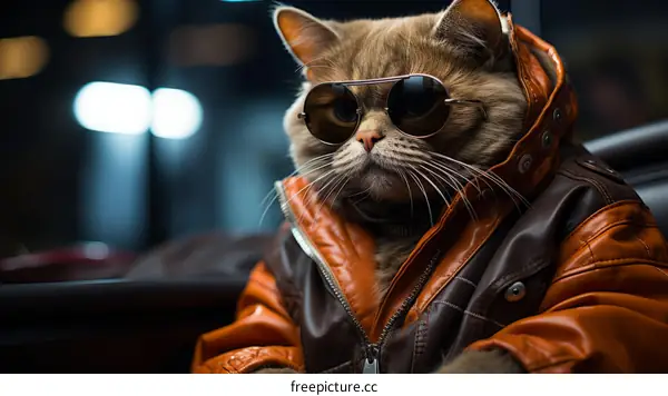 Cool cat wearing sunglasses and a leather jacket