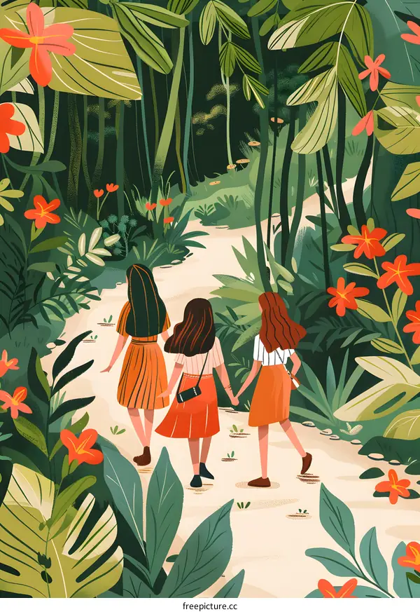 Three Girls Walking Through a Lush Green Forest