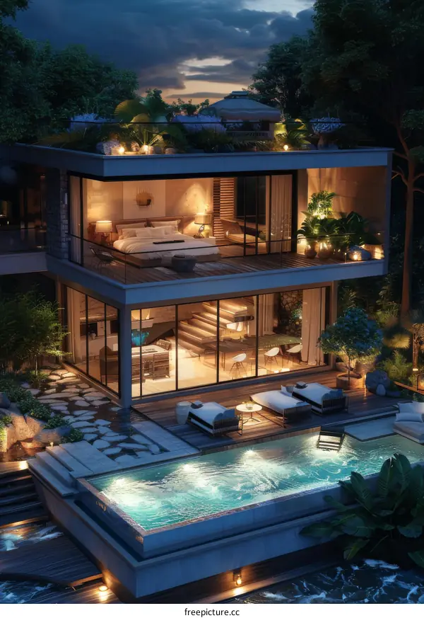 Modern Tropical Luxury Villa at Night with Infinity Pool