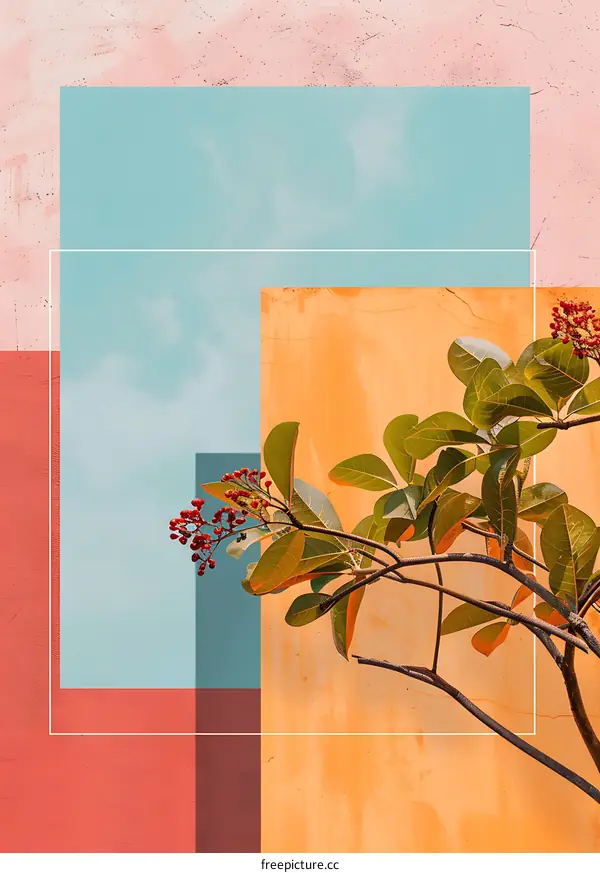 Abstract Art with Branches and Leaves against Colorful Wall