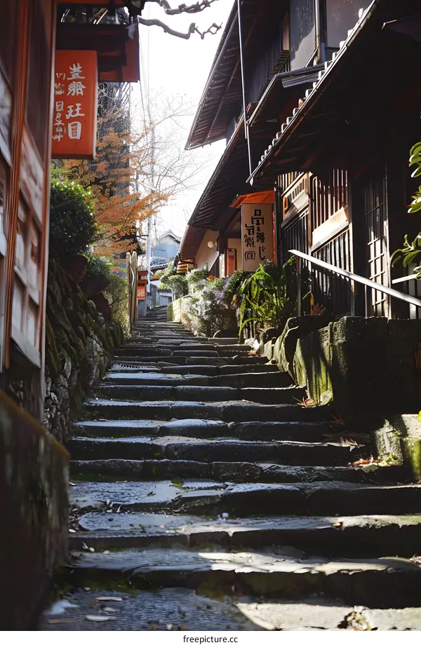 Stone Steps Leading Up to Traditional Japanese Houses