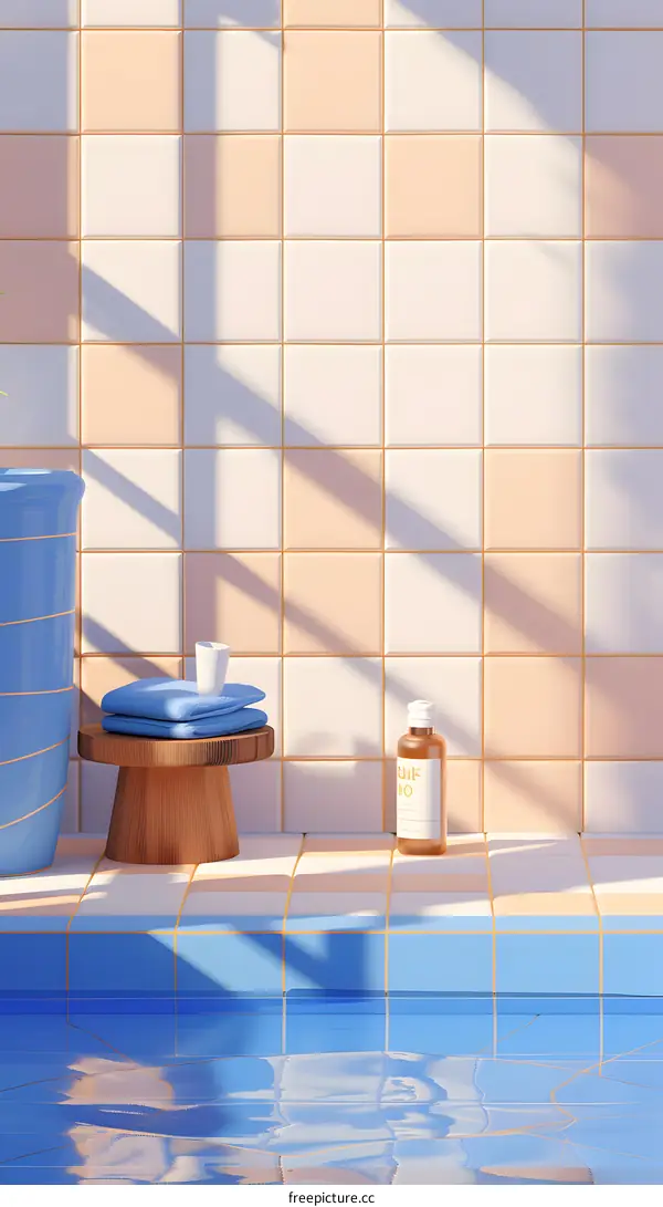 Minimalist Swimming Pool With Peach and White Tiles